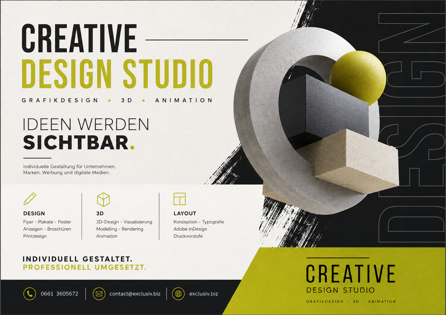 Flyerdesign mit grüner Akzentfarbe, geometrischer 3D-Komposition und großer Typografie