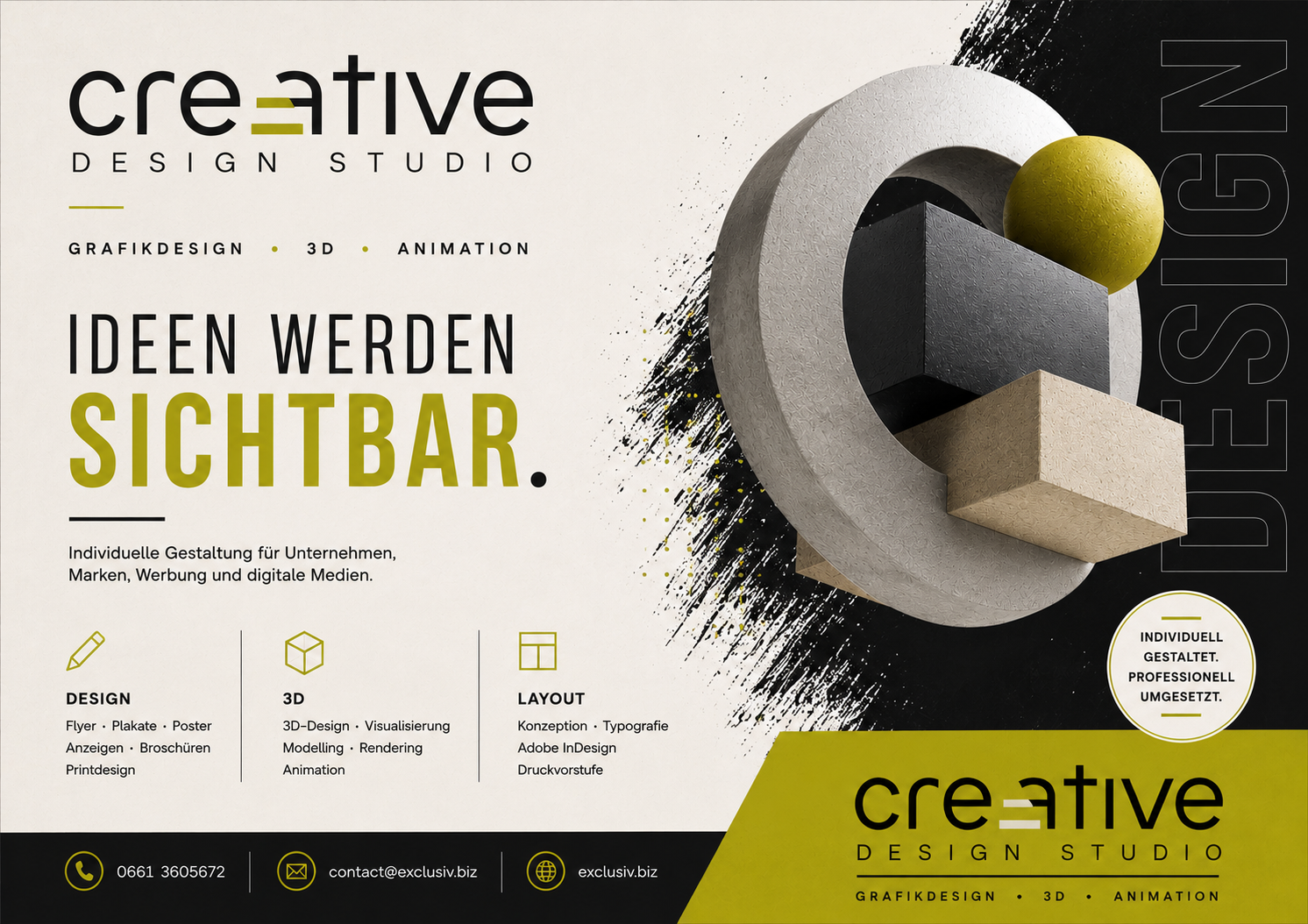Flyerdesign in Creme, Schwarz und Grün mit abstrakter 3D-Form