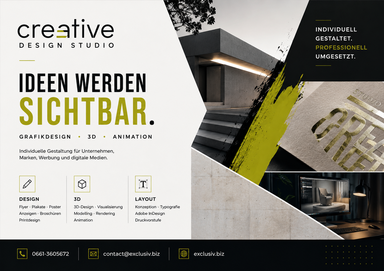Flyer-Collage mit Architektur, Papierprägung und leuchtend grüner Pinselspur
