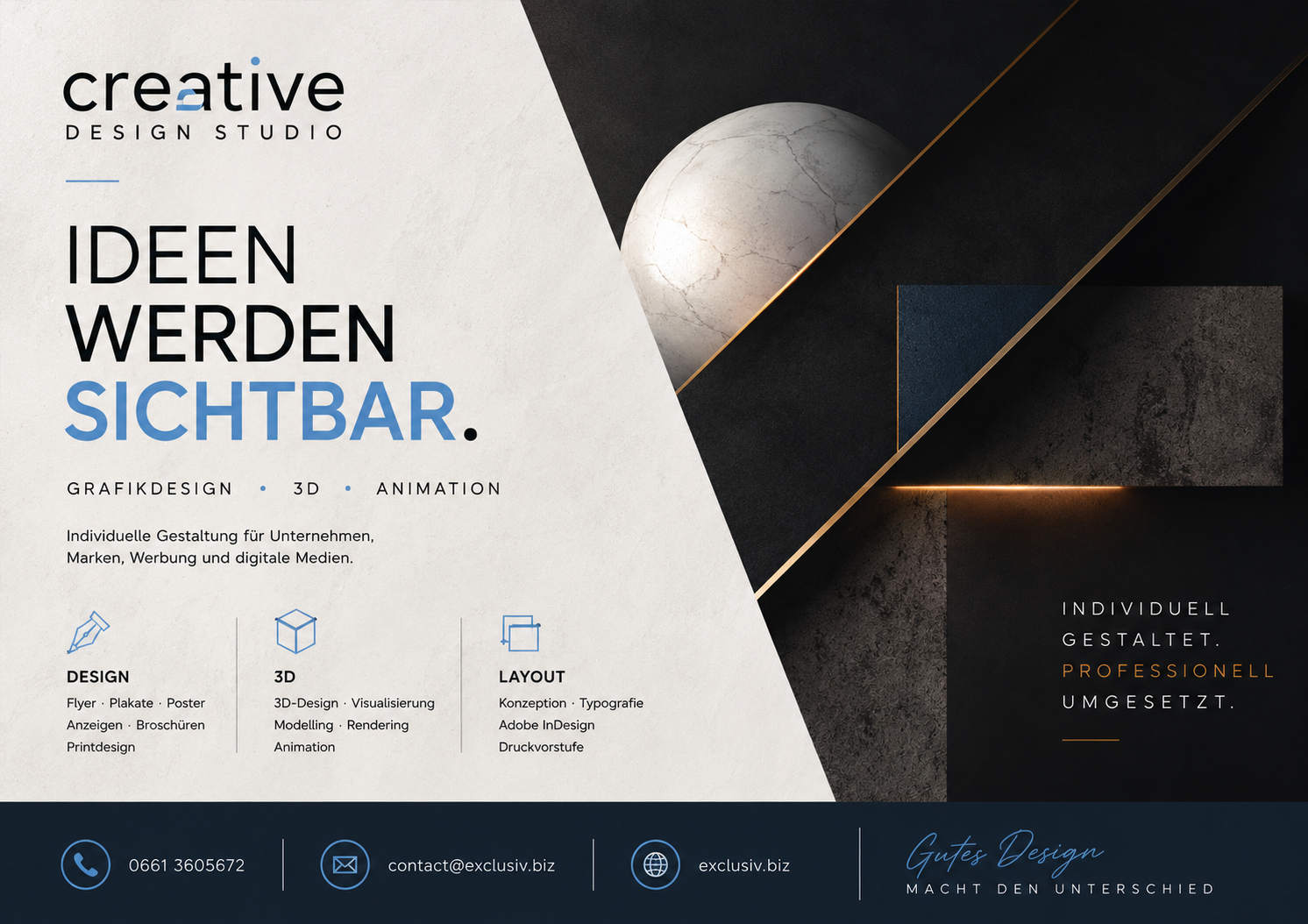 Dunkles Flyerdesign mit blauer Typografie, Marmorform und warmem Licht
